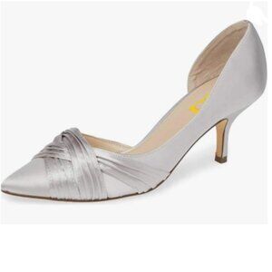 FSJ Silver Mid Heels Pointed Toe Slip on Pumps D'Orsay Pleated Satin Shoes